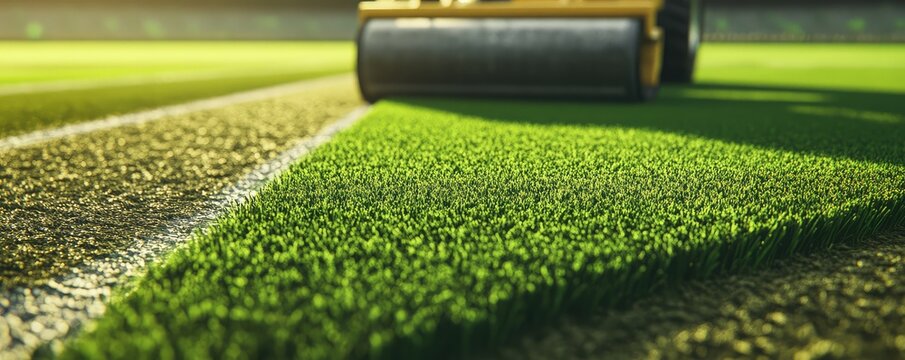 Stadium grass maintenance with tractor and turf roller