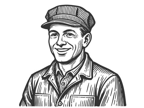 cheerful train operator in a striped cap and work uniform, shown from the waist up sketch engraving generative ai fictional character vector illustration. Scratch board imitation. Black and white.