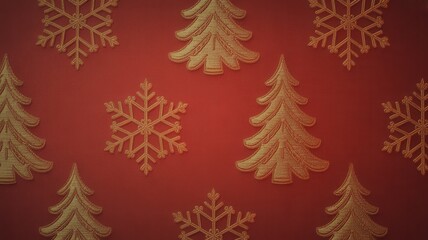 Golden christmas tree and snowflake pattern on red background