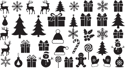 Abundant Christmas and Winter Holiday Silhouettes Featuring Reindeer Snowflakes Trees Gifts and Festive Icons Keywords: christmas, holiday, winter, silhouette, reindeer, snowflake, christmas tree