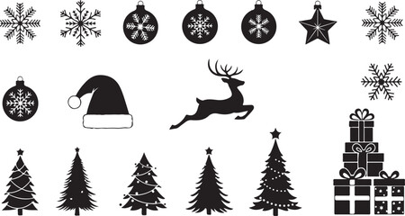 Assorted Christmas Silhouettes Featuring Reindeer Snowflakes and Gift Boxes Keywords: christmas, holiday, winter, celebration, season, festive, xmas, december, new year, gift, present, box, ribbon