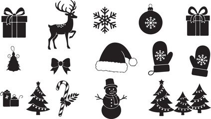 Assortment of black Christmas holiday silhouette icons including gifts, reindeer, snowflakes, ornaments, Santa hat, mittens, candy cane, snowman, and trees Keywords: Christmas, holiday, silhouette