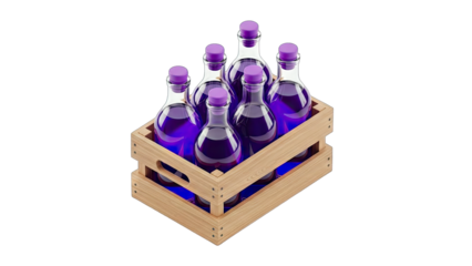 Bottles of Purple Liquid in Wooden Crate