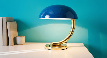 Modern blue lamp with a sleek gold base illuminates a minimalist workspace, surrounded by books and a decorative vase, enhancing the contemporary interior design aesthetic