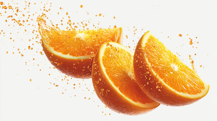 Obraz premium Fresh orange slices floating in the air with juice splashing around them