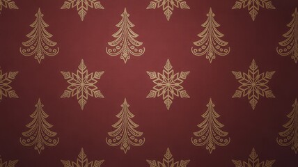 Elegant gold christmas tree and snowflake pattern on a deep red background