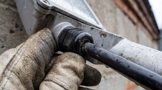 Technician connects outdoor electrical system with safety