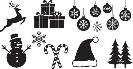 Christmas Icons Featuring Reindeer Gift Boxes Snowflakes Candy Canes Santa Hat Snowman and Trees Keywords: christmas, holiday, winter, season, celebration, december, xmas, festive, greeting, card