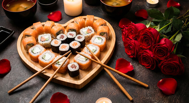 Heart-shaped wooden platter filled with assorted sushi rolls, surrounded by red roses, candles, and bowls of soup, creating a romantic dining atmosphere for special occasions