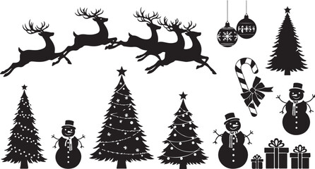 Christmas Scene with Reindeer Sleigh Team Gift Boxes Snowmen Decorated Trees and Ornaments Keywords: christmas, holiday, winter, season, celebration, december, xmas, festive, greeting, card