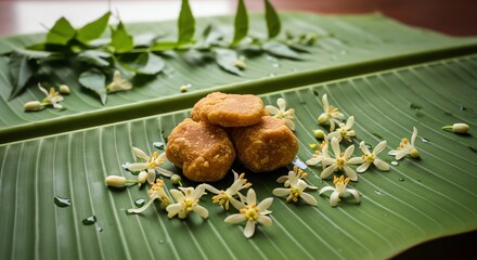 Indian sweets on banana leaf with flowers