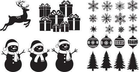 Collection of Christmas Silhouettes Including Reindeer Snowmen Gift Boxes Snowflakes Ornaments and Trees Keywords: christmas, holiday, winter, season, celebration, december, xmas, festive