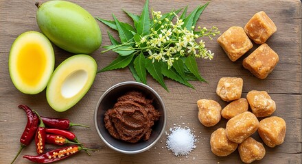 Mango, spices, neem leaves, jaggery ingredients