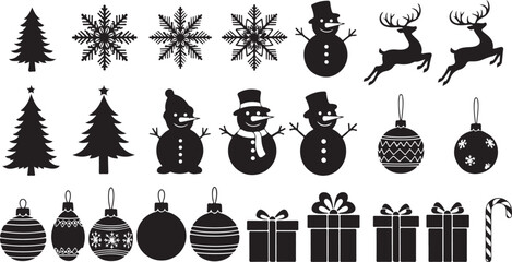 Collection of Black Christmas Icons Including Snowflakes Trees Snowmen Reindeer Ornaments Gifts and Candy Canes