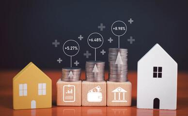 Real estate investment concept with stacked coins showing rising profit percentages, financial icons, and wooden house models representing growth, economic trends, and property market analysis.