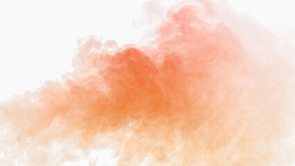Orange dust cloud isolated on white background, realistic powder explosion texture for design overlay, sand or smoke particle effect, abstract motion with warm cinematic atmosphere.
