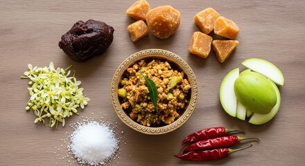 Indian cuisine ingredients with tamarind and spices