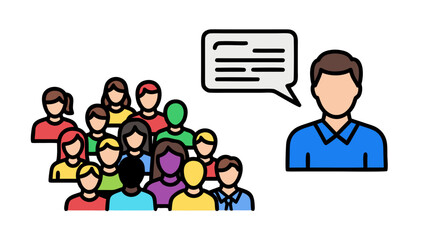 Diverse Group of People Listening to a Speaker in a Meeting Room Discussing Ideas Through Speech Bubbles and Communication Symbols