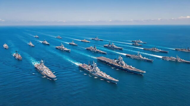 Aerial view of a naval fleet led by an aircraft carrier with aircraft, demonstrating military power and defense capability at sea.
