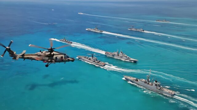 a military helicopter taking off from an aircraft carrier and escorting warships to a designated target