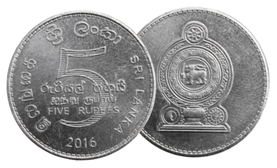 Sri lanka five rupees coin on white isolated background