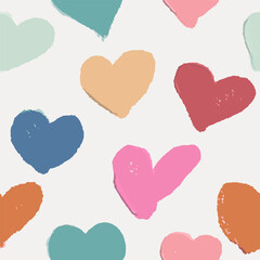 Pattern with different harts, pastel colors. Hand draw, brush texture. Vector, isolated.