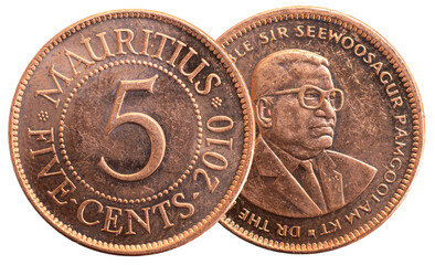Mauritius five cents coin on a white isolated background