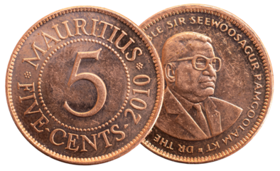 Mauritius five cents coin on a white isolated background