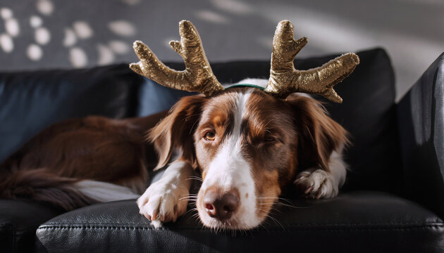 Brown and white dog wearing gold reindeer antlers lying on black leather couch - Powered by Adobe