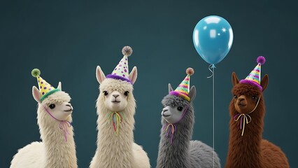 Naklejka premium Cute Alpacas Wearing Party Hats with Balloon