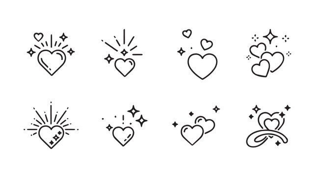 Collection of eight simple line art heart icons with sparkling effects silhouette