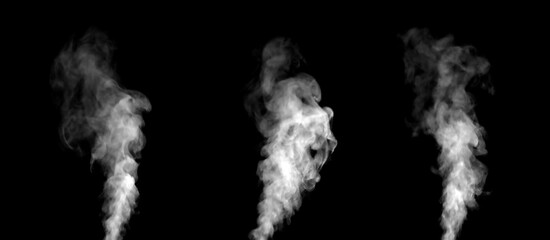 Realistic white smoke plumes rising on a black background, perfect for visual effects, product design, advertising, and creative projects that require natural vapor texture and atmospheric mood.