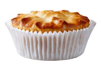 Golden brown muffin in white paper liner isolated on a transparent background
