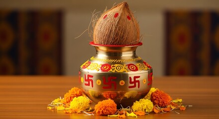 Coconut in pot with Swastika symbols