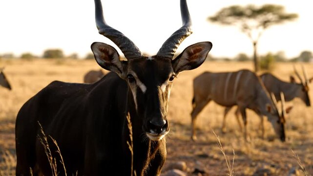 Magnificent male sable antelope standing tall in the African savanna with other antelopes grazing