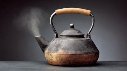 Vintage metal kettle with wooden handle, emitting steam, placed on a dark surface, showcasing rustic charm and craftsmanship in kitchenware, perfect for culinary enthusiasts and home decor