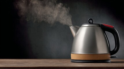 Stainless steel kettle with steam rising, placed on wooden countertop, showcasing modern design and functionality, perfect for brewing hot beverages in a cozy kitchen environment