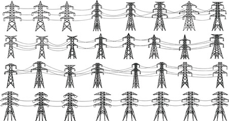 High voltage electric transmission tower vector set, power line, electricity pylon, energy grid, industrial infrastructure, and communication network outline collection.