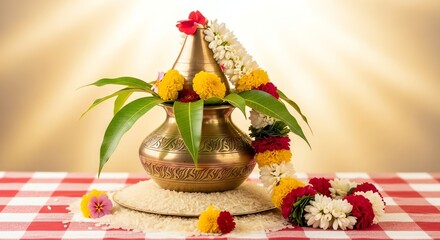 Indian festival decoration with flowers and pot