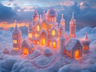 Dreamscape fantasy castle constructed from sweets, nestled in the cloud kingdom