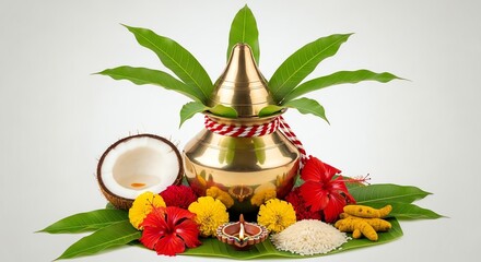 Hindu ritual pot with flowers and coconut