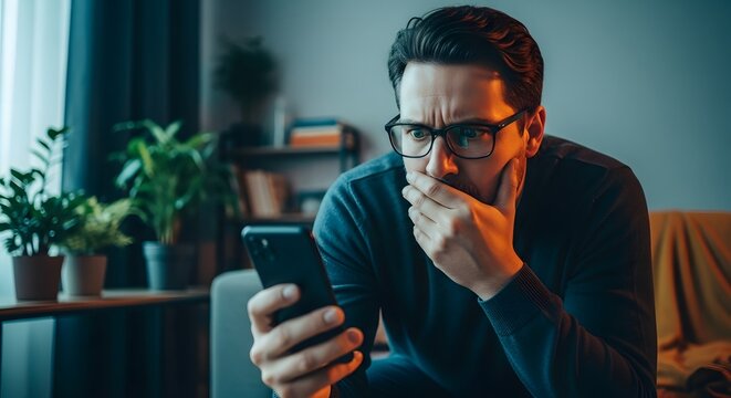 Shocked reaction to mobile content. Digital anxiety and bad news. Man staring at smartphone screen with worried expression.