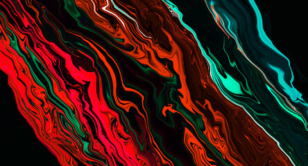 Neon green, red, rusty orange blur liquid wave on black background. Abstract defocused line. Glitch Art trippy digital banner. Template. Aqua texture dark gradient. Virtual Reality. Tech backdrop. VR