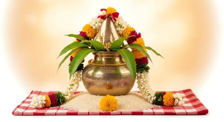 Brass pot with flowers and leaves