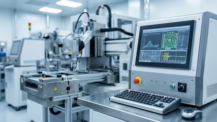 Robotic arm manipulating components in clean room. Automated manufacturing process with data screens. AI driven industrial automation and big data visualization concept. video footage video footage - Powered by Adobe