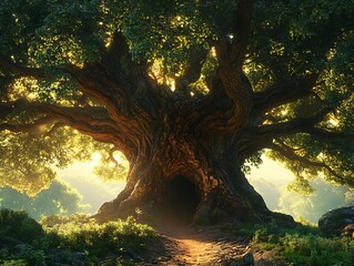 Ancient tree with a mysterious doorway shrouded in nature's embrace