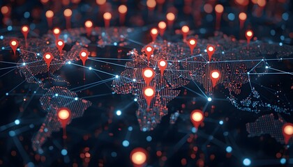 Global Digital Connectivity Map with Glowing Red Location Pins and Network Lines