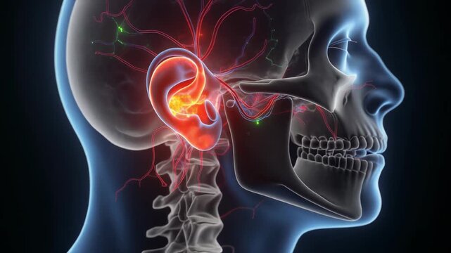 Medical animation of human ear anatomy with nerve and blood vessel network