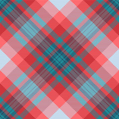 Softness pattern texture vector, carpet check tartan background. Periodic plaid fabric seamless textile in red and cyan colors.