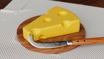 Cheese and knife on table 3D computer generated image